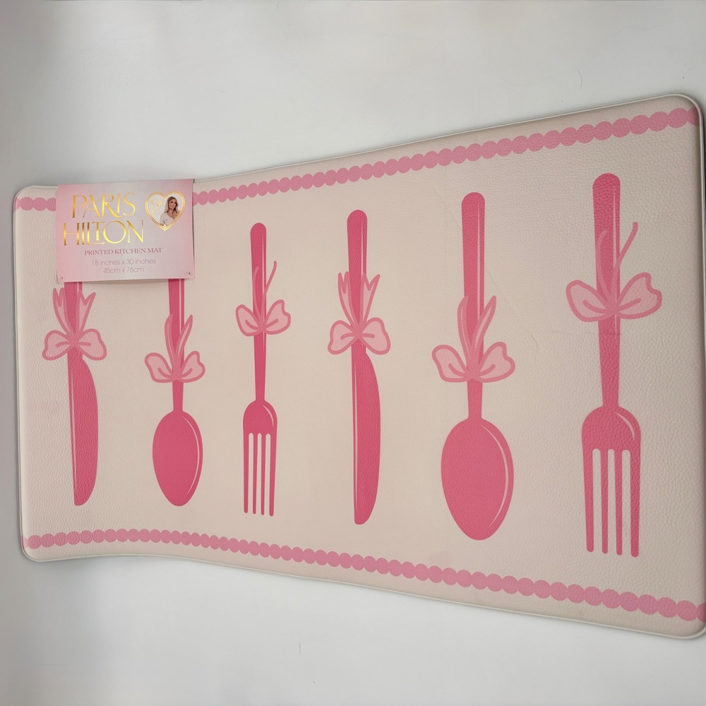 Paris Hilton Pink Cutlery Bow Printed Kitchen Mat 18x30 PVC Anti-Fatigue Decor